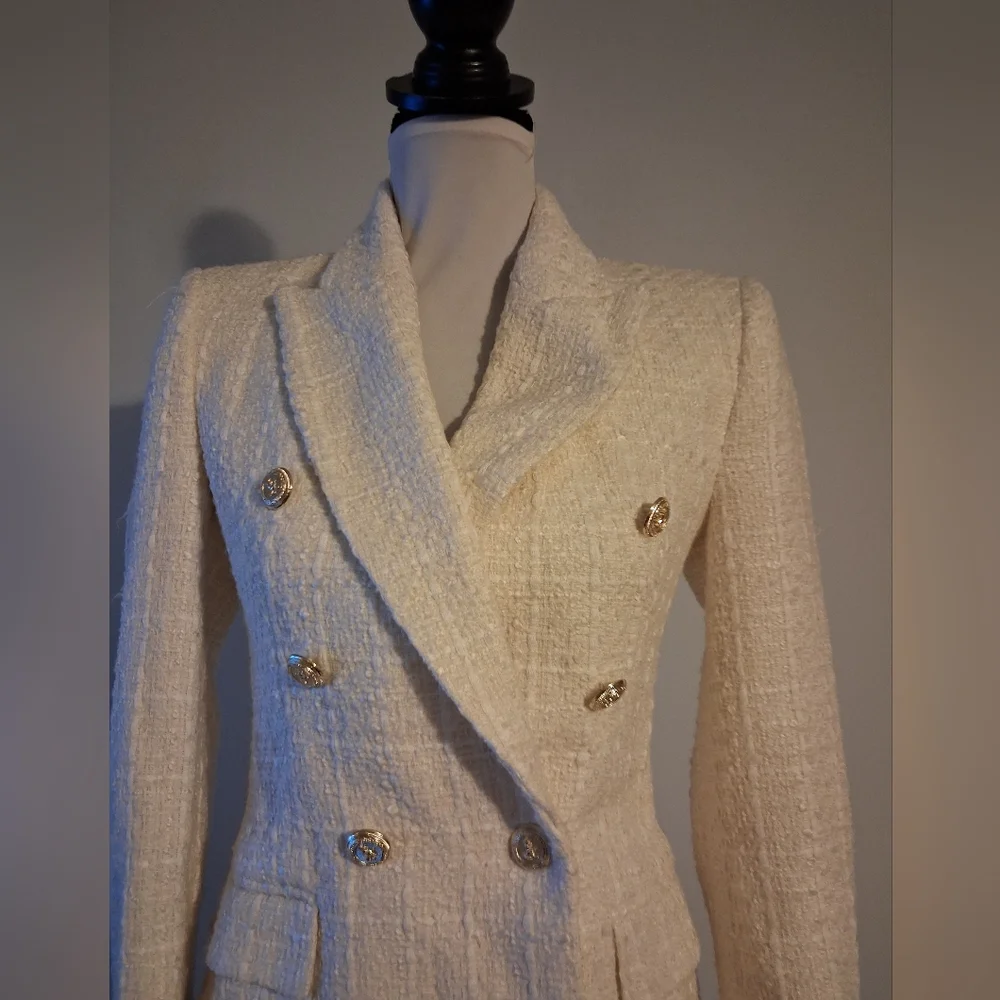 Tweed Cream Double-Breasted Women's Blazer Size XS - Picture 3 of 16